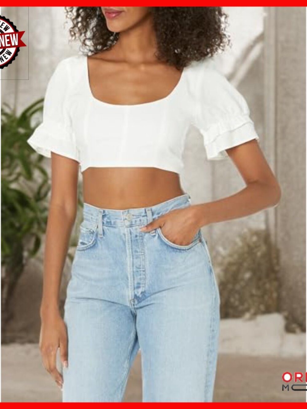 Cropped Linen Blouse with Puff Sleeves, Two-Way Tie Front or Back - Picture 3 of 3